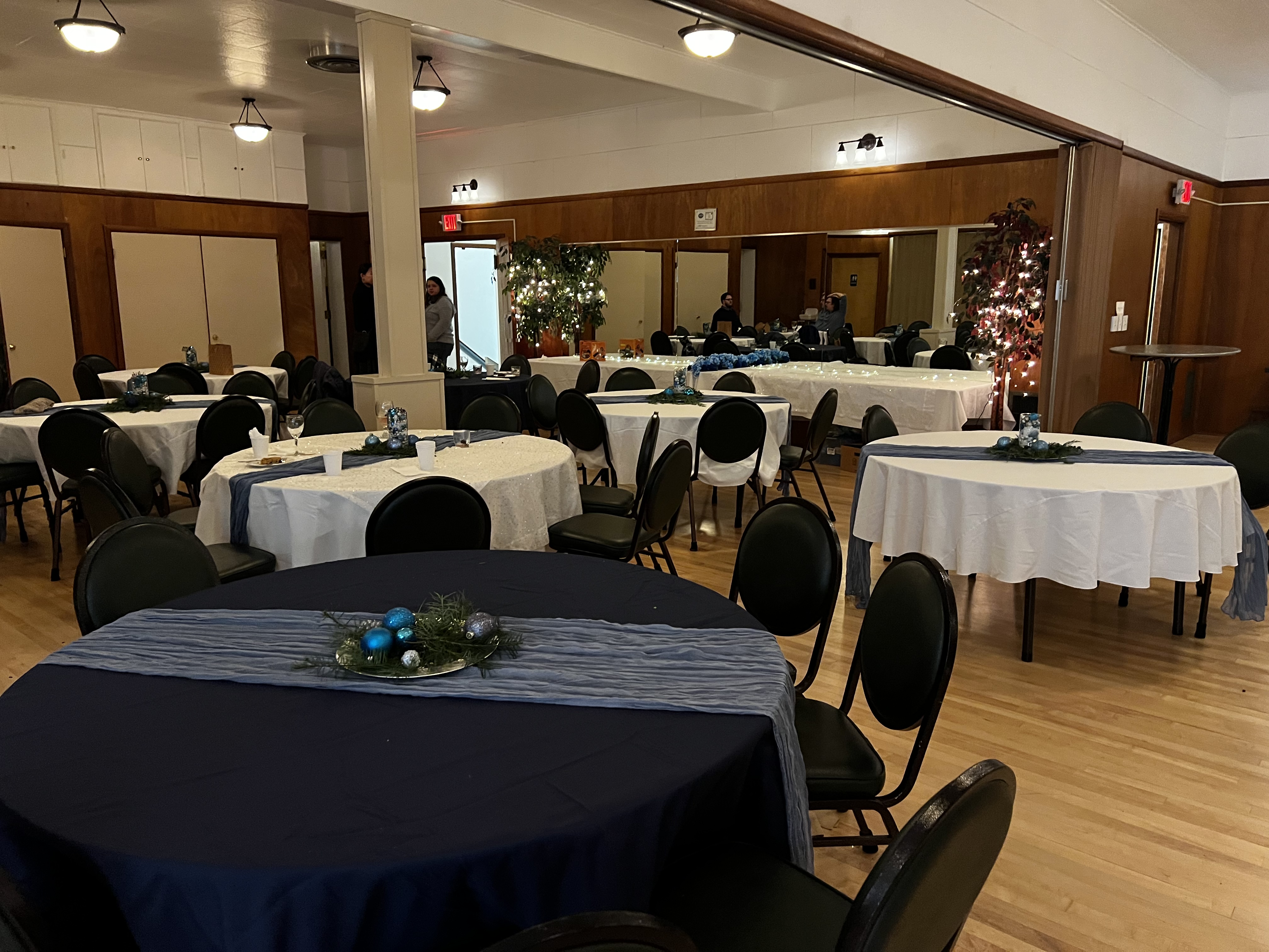 North Hall — winter banquet with blue table linens